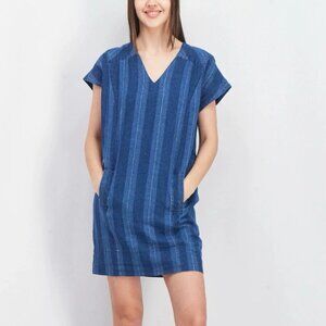 JOIE Blue Striped Dyer Linen Blend V-Neck Shift Mini Dress Sz XS